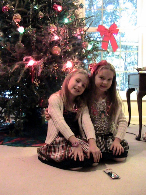 The twins in front of the Christmas tree